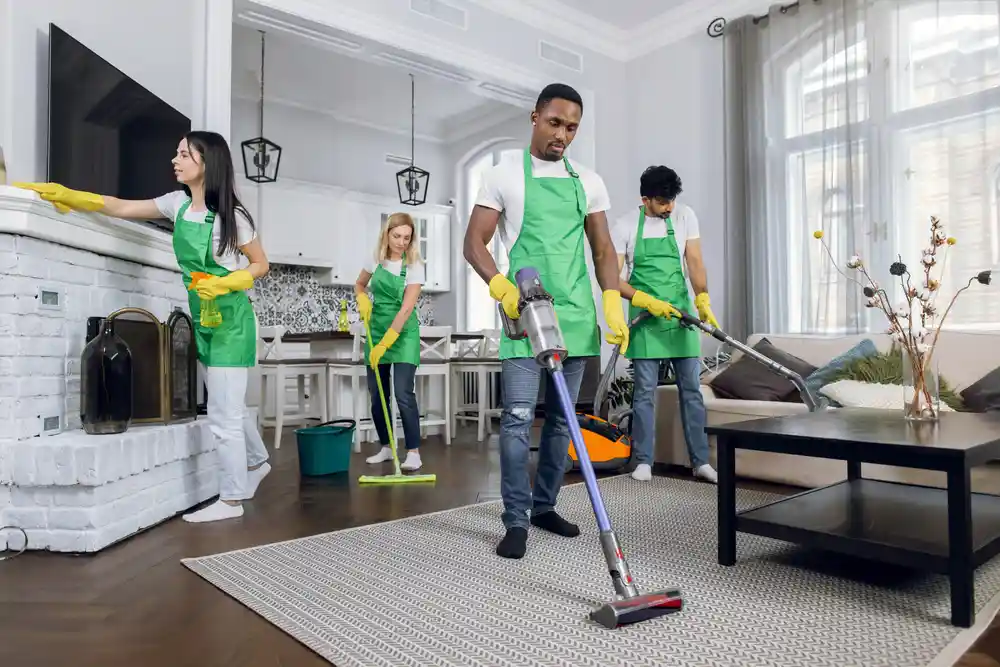 Cleaners in green aprons deep cleaning a stylish living room.